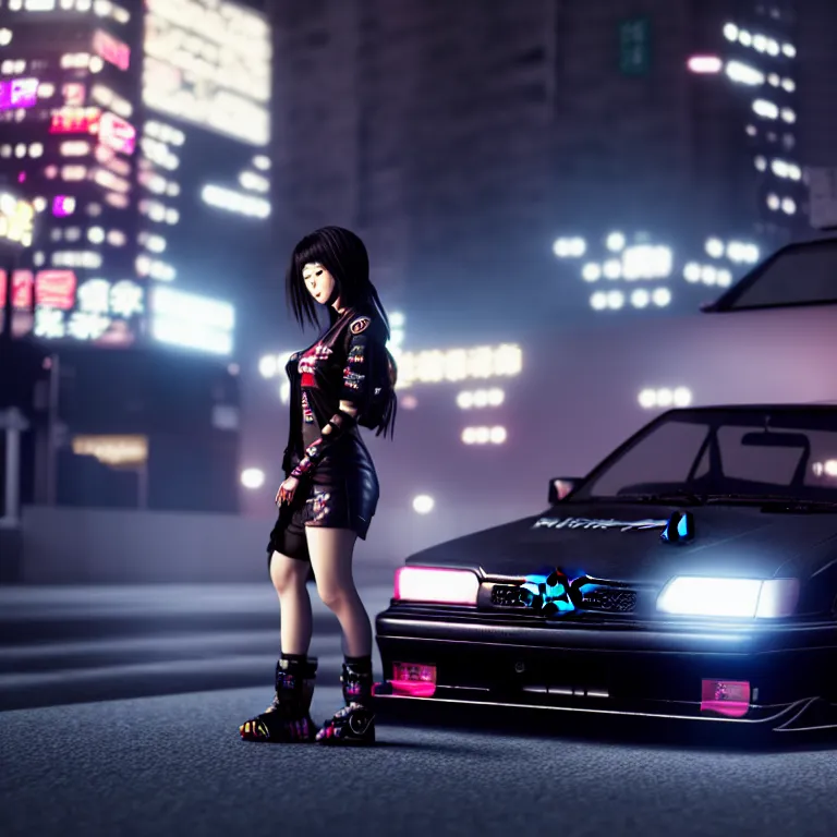 Image similar to toyota jzx 1 0 0 drift, detailed - wheels, shibuya prefecture, cyberpunk female supermodel in front, cinematic lighting, photorealistic, night photography, octane render