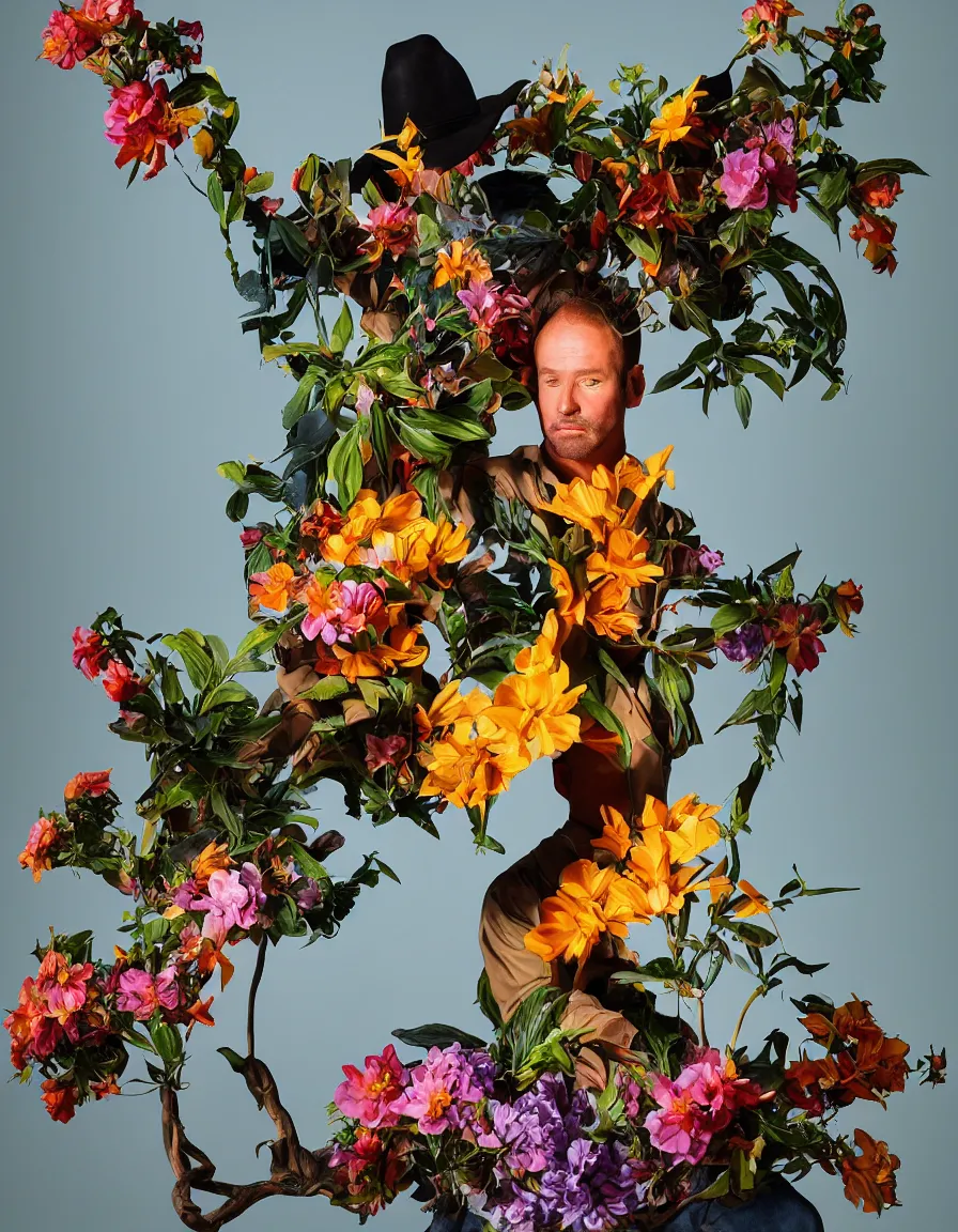 Prompt: a cowboy turning into blooms. studio photography. volumetric lighting, beautiful, sharp focus, ultra detailed. bold vibrant complementary colors. a cowboy with plants by frank frazetta, kai carpenter, syd mead, slim aarons, zhang kechun, lynda benglis. tropical sea slugs. 4 k, 3 5 mm, fujifilm, sculpture by antonio canova.