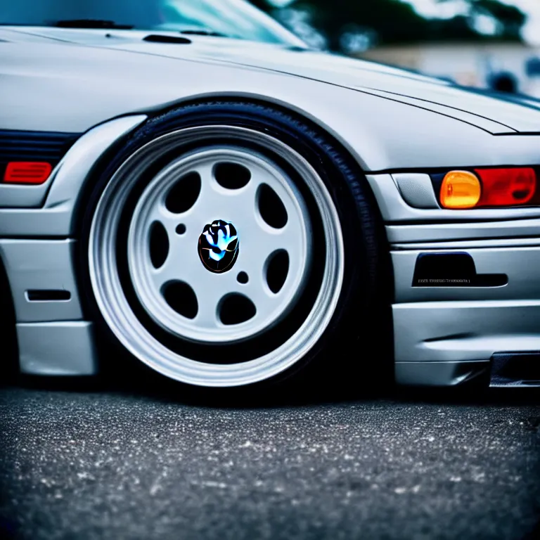 Image similar to close-up-photo BMW E36 illegal meet, cambered wheels, Saitama prefecture, misty midnight, cinematic color, photorealistic, high detailed wheels, highly detailed, custom headlights, subtle neon underlighting