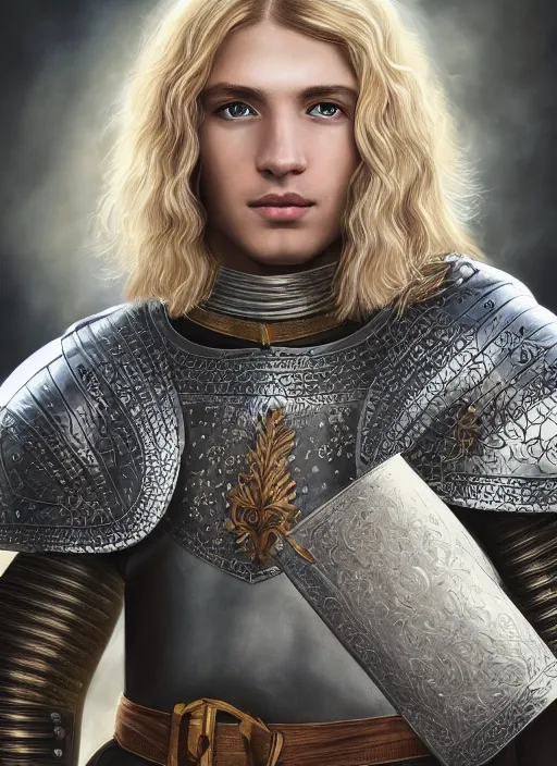 Image similar to oilpainting of a handsome young knight with a beautiful face and clear skin, long blond hair, wearing an intricate and detailed plate armor, no helmet, high resolution, clear image, digital art, studio photo, 4 k, clear lines, artstation, rendition by jan van eyck