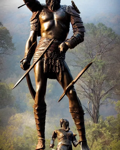 Image similar to a gigantic 1 0 0 0 foot bronze statue of a spartanburg warrior holding his spear and shield, god of war, fantasy landscape, thousands of tiny onlookers, photorealistic, atmospheric