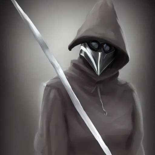 Image similar to female plague doctor donning a black hood, steel knightly armor and a white armored crow mask, trending on artstation