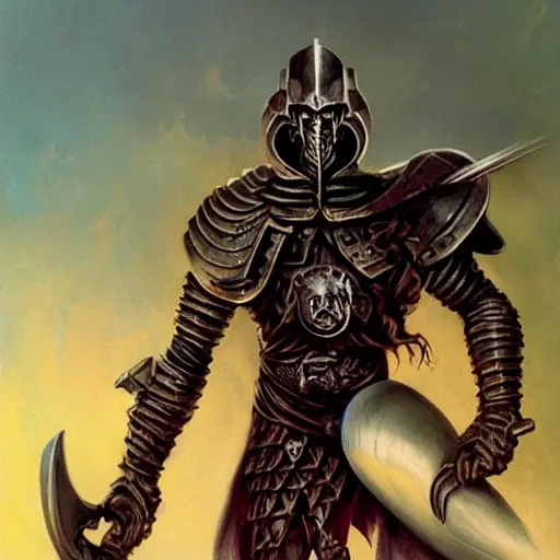 Image similar to ( ( ( half length portrait of armored githyanki warrior holding his silver sword, in the astral plane ) ) ), d & d, fantasy, medieval, greg rutkowski, frank frazetta, alexandre chaudret, boris vallejo, michael whelan, miro petrov, hr giger, magali villeneuve, donato giancola