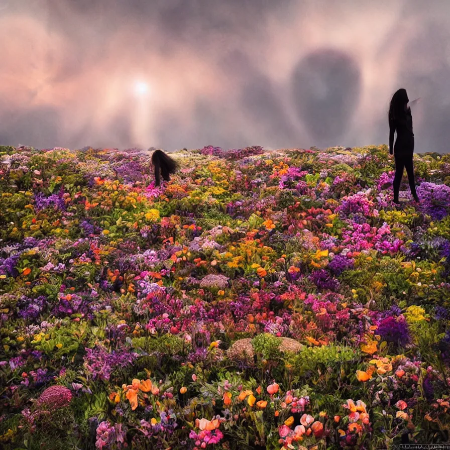 Image similar to a planet of various flowers, fungus and plants, in which the human figure is dressed in something magical and impressive, inside the picture is infinity, sunset light, Atmospheric phenomenon, artistic photography, muted colors, conceptual, long exposure outside the city