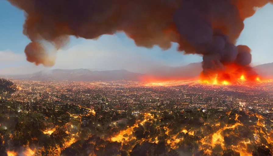 Image similar to wide view from a hill of los angeles on fire with smoke columns, hyperdetailed, artstation, cgsociety, 8 k