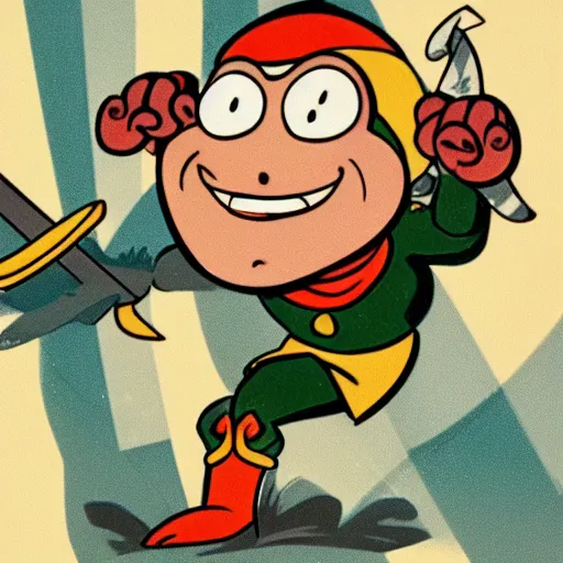 Prompt: A 1930s animation style character that looks like a turtle with a sword and shield, 4k, cuphead, Popeye