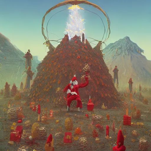 Prompt: illustrated portrait vogue designer Santa Claus Sacrificing the Elves to a Volcano God Altar made of pinecones and fire kenny scharf heinrich lefler giorgio de chirico marc simonetti greg rutkowski simon stalenhag anton semenov