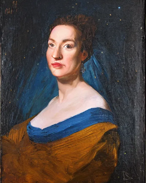 Image similar to an oil painting portrait of a woman in a starry blue gown