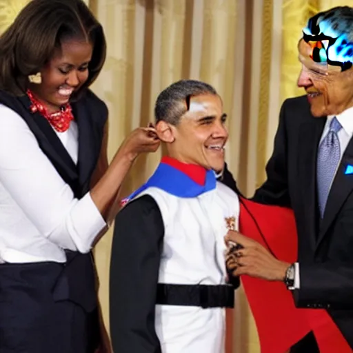 Image similar to Obama giving a smaller obama a medal