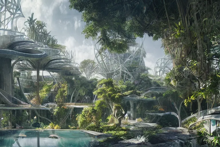 Image similar to brutalist futuristic white Aztec structures, manicured garden of eden, pools and streams, tropical foliage, birds, sculpture gardens by Jessica Rossier and Brian Froud