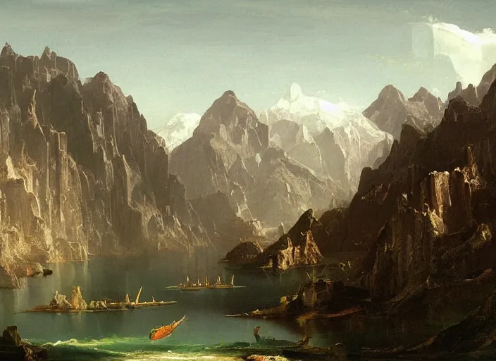 Image similar to painting of a brutalist structure in front of beautiful mountains by thomas cole