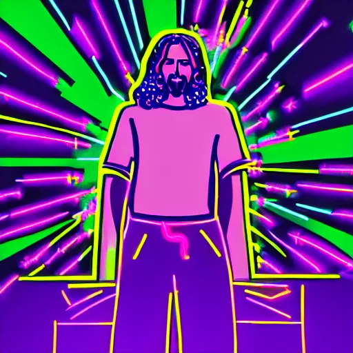 Image similar to jesus christ as a rave party dj, neon lights, detailed illustration, perfect face, 8 k