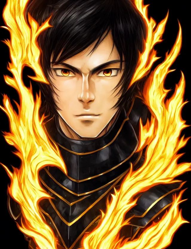 Image similar to a detailed manga portrait of a black haired man with hazel eyes in gleaming golden armour that burns with golden fire, trending on artstation, digital art, 4 k resolution, detailed, high quality, sharp focus, hq artwork, coherent, insane detail, character portrait