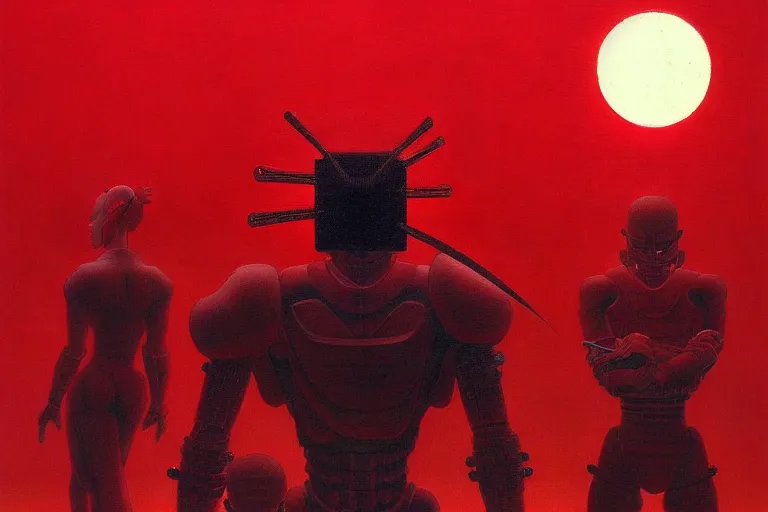 Image similar to only with red, a red cyborg samurai, tokio futuristic in background, some evil yokai fight, in the style of beksinski, parts by edward hopper, parts by rodcenko, parts by yue minjun, intricate and epic composition, red by caravaggio, insanely quality, highly detailed, masterpiece, red light, artstation, 4 k