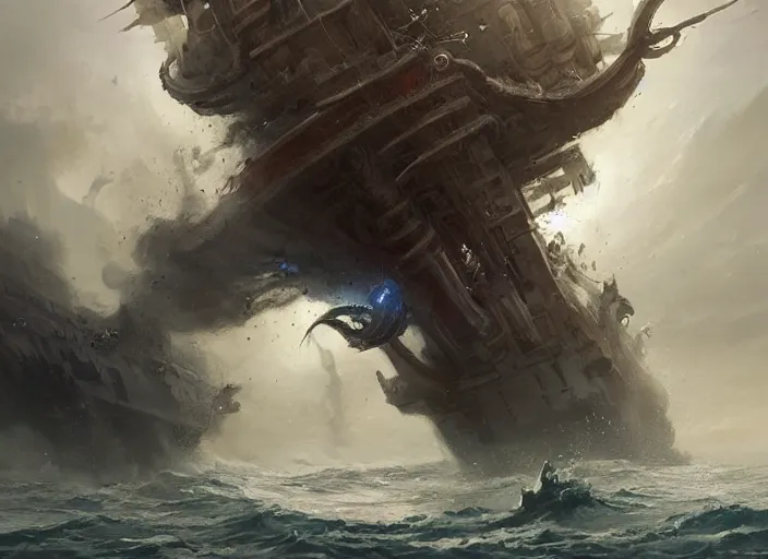 Prompt: Kraken attacking a ship, a fantasy digital painting by Greg Rutkowski and James Gurney, trending on Artstation, highly detailed