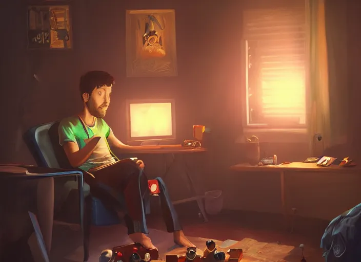 Prompt: video gamecore, gamecore, gamercore portrait of a man playin playstation on his home at night, cinematic perspective, trending in artstation, behance, deviantart
