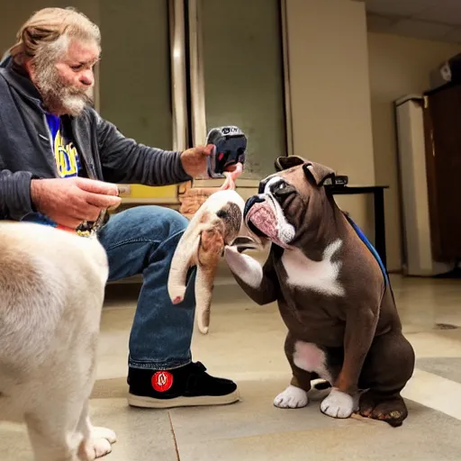 Prompt: Buddy the graying middle aged homeless man fighting with a crowned royalty english bulldog over an xbox controller, photo by Wes Anderson