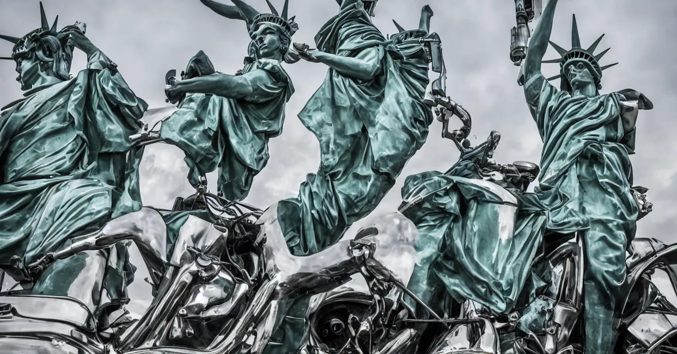 Image similar to guy looking like statue of liberty rides a motorbike