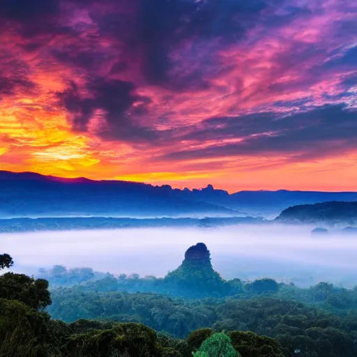 Image similar to the sunrise reveals what's beyond the blue mountains of Yavin 5, landscape photography 4k