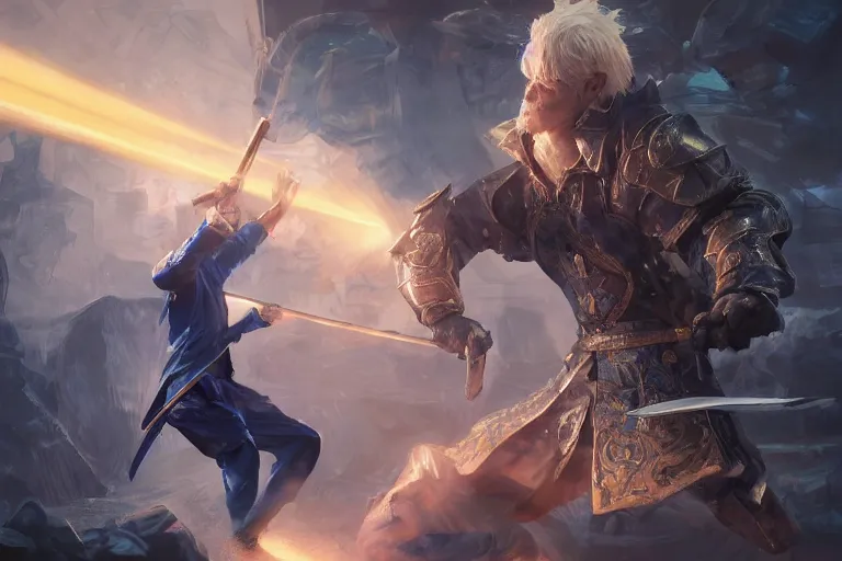 Prompt: a blonde man in a blue suit with a sword attacking a filipino fighter with a rune blade, d & d, heartstone, digital painting, volumetric light, intricate, sharp, focus, bloom, illustration, highly detailed, concept art, matte, ruan jia, randy vargas, greg rutkowski