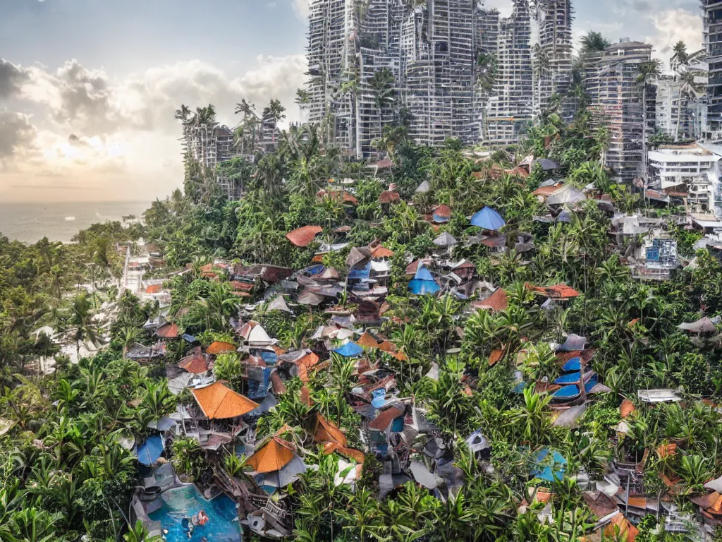 Prompt: a photo of futuristic bali island in the year 2 0 2 9, perfect faces, 5 0 mm, award winning photography