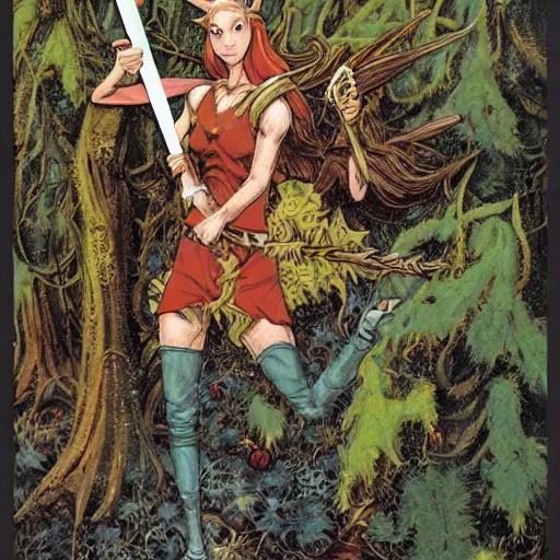 Image similar to moonshine cybin, buxom epic level dnd wood elf spore druidess, wielding a magical sword, wearing magical overalls. covered in various fungi. full character concept art, realistic, high detail digital painting by angus mcbride and michael whelan and michael william kaluta.