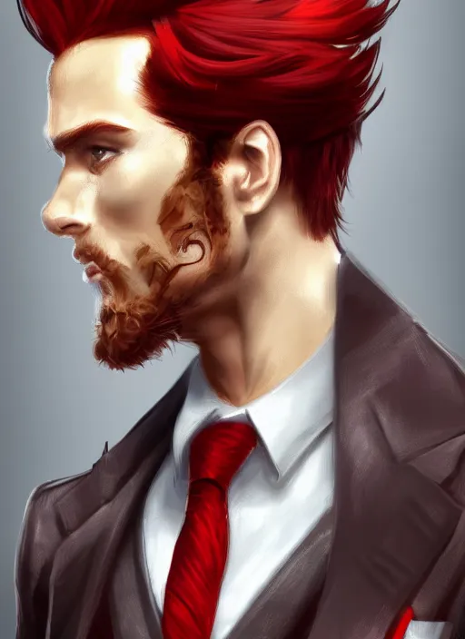 Prompt: a highly detailed illustration of stylish top hat wearing red haired ponytail man, with slight stubble, wearing suit vest, flashy smoking cigarette pose, intricate, elegant, highly detailed, centered, digital painting, artstation, concept art, smooth, sharp focus, league of legends concept art, WLOP