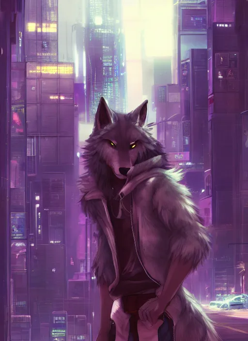 Image similar to character portrait of a male anthro wolf fursona with a tail and a cute beautiful attractive furry face wearing stylish cyberpunk clothes in a cyberpunk city at night while it rains. hidari, color page, tankoban, 4K, tone mapping, Akihiko Yoshida.