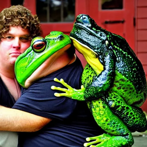 Image similar to fat man kissing and holding the worlds largest fat screaming frog