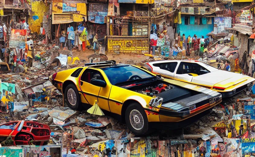 Image similar to a red and yellow delorean in ajegunle slums of lagos - nigeria, magazine collage, masterpiece,