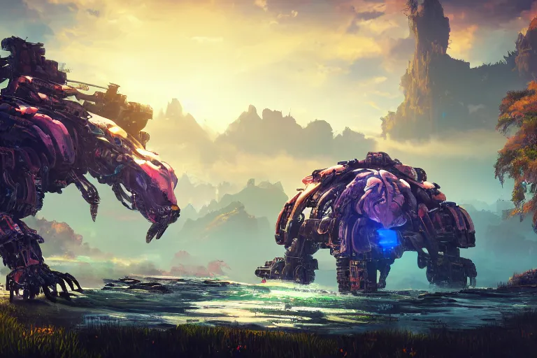 Image similar to tideripper machine mecanical creature robot of horizon forbidden west horizon zero dawn bioluminiscence global illumination ray tracing hdr fanart arstation by ian pesty and alena aenami artworks in 4 k