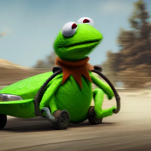 Image similar to kermit driving a car, wlop, cinematic lighting, hyperdetailed, 8 k realistic, symmetrical, global illumination, radiant light,, frostbite 3 engine, cryengine, dof, trending on artstation, digital art, chanel