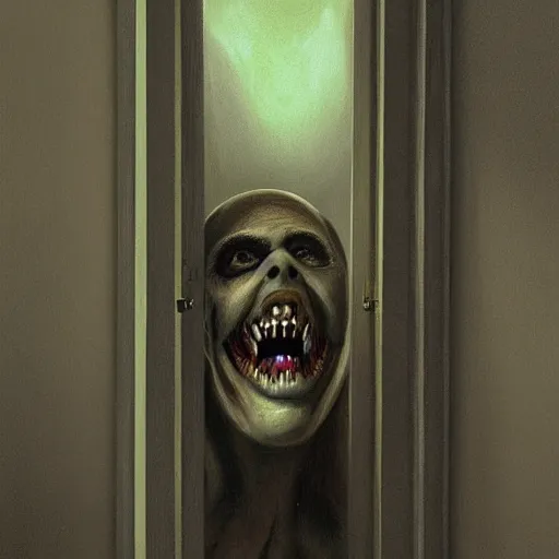 Prompt: scary painting of the horrific tall woman with a big mouth full of teeth and big eyes, exiting from a wardrobe, lightning from a window, bedroom, horror, spooky, paranormal monster, mystery, photorealism, dramatic lighting, by wayne barlowe, children's book, illustration, trending on artstation