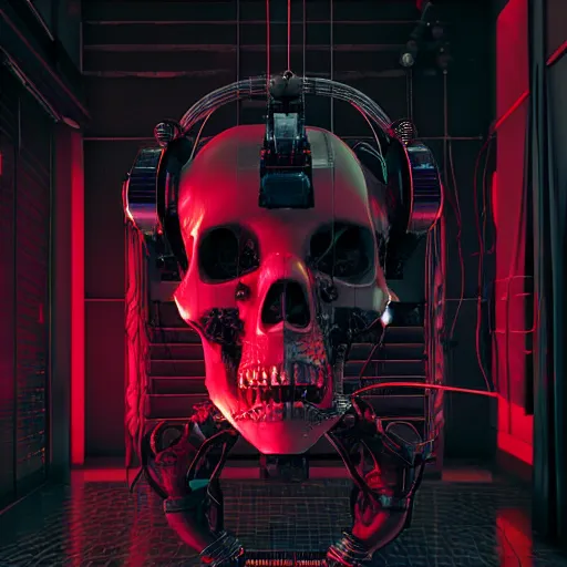 Image similar to cyberpunk skull machine, wires cables, red lights, octane render vray raytracing, photoreal