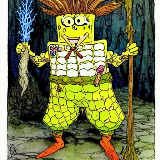 Image similar to a realistic and atmospheric watercolour fantasy character concept art portrait of spongebob as a druidic warrior wizard looking at the camera with an intelligent gaze by rebecca guay, michael kaluta, charles vess and jean moebius giraud