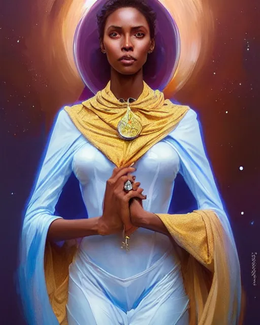 Prompt: Portrait of very very very very very very beautiful somali woman, spacesuit, blue eyes, real life skin, intricate, elegant, highly detailed, artstation, concept art, smooth, sharp focus, art by artgerm and greg rutkowski and alphonse mucha