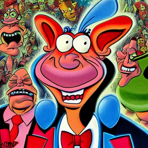 Prompt: two gangsters, close up face, magnified face, ren and stimpy style, cartoon from the 90's, artwork by Alex Horley + Joe Jusko + todd schorr