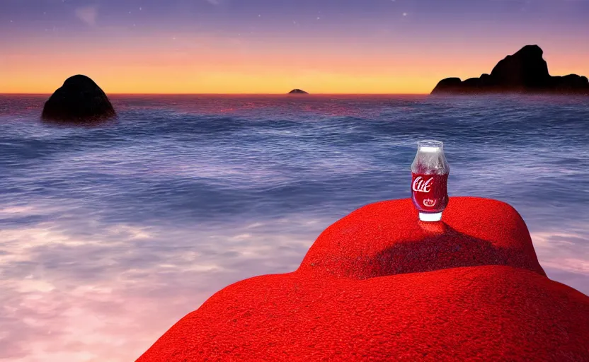 Image similar to a cubic cup of coca-cola with small gas bubbles on a rock near the sea at sunset, anime style, 8k hdr, hyperrealistic, highly detailed, high quality, high coherence, godrays, complementary colours, turbulent sea, path tracing, breathtaking landscape, cinematic lighting, concept art, trending on Artstation