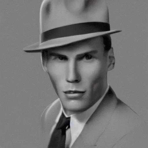 Image similar to A photograph portrait of Jerma985 wearing a suit with and fedora in the 1940s, taken in the early 1940s, grainy, taken on a 940s Kodak Camera, realistic, hyperrealistic, very realistic, highly detailed, very detailed, extremely detailed, detailed, digital art, trending on artstation