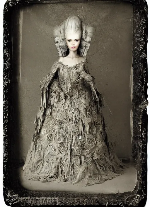 Prompt: old wetplate daguerreotype frame portrait of a futuristic silver armored marie antoinette emperor district 9 cyborg, fractal, intricate, elegant, highly detailed, subsurface scattering, by jheronimus bosch and greg rutkowski and louis jacques mande daguerre