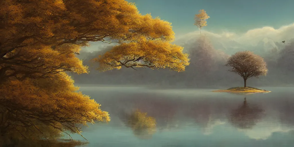 Prompt: vanishing point a single sakura tree upon a lake, viewed from afar, stephen bliss, mist, unreal engine, fantasy art by greg rutkowski, loish, rhads, ferdinand knab, makoto shinkai and lois van baarle, ilya kuvshinov, rossdraws, tom bagshaw, global illumination, radiant light, minimalist, detailed and intricate environment