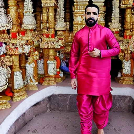 Image similar to drake the rapper wearing a silk kurta, hindu kovil scene