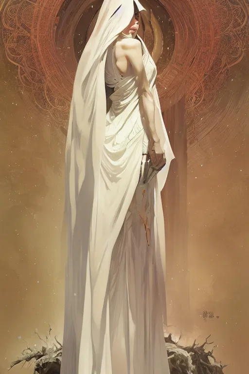 Prompt: pale priestess of the sacral moon full body portrait highly detailed, digital painting, artstation, concept art, smooth and sharp focus, illustration, art by tian zi and wlop and alphonse mucha