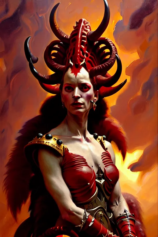 Image similar to painted close - up portrait of a very attractive red - skinned intimidating demon alien queen with ram horns! oil painting, wearing a noblewoman's outfit, fantasy art by john singer sargent and gaston bussiere and james jean and greg rutkowski, demon noble character design, hd