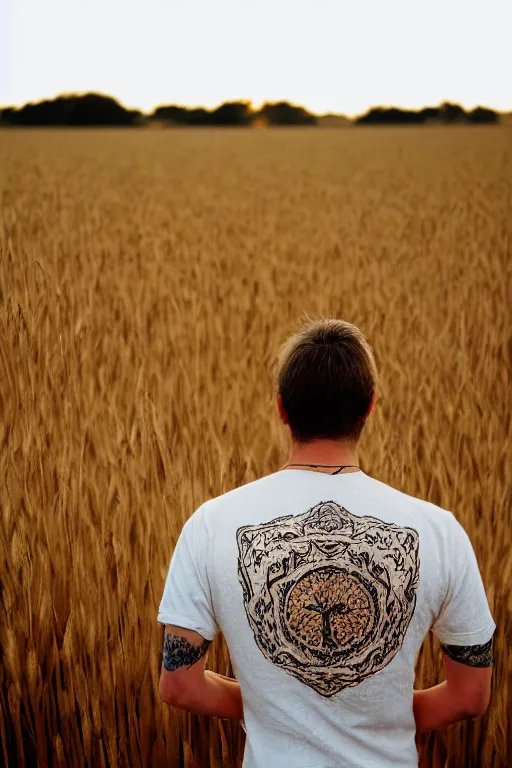 Image similar to agfa vista 4 0 0 photograph of a guy with intricate back tattoos standing in a wheat field, back view, lens flare, moody lighting, moody vibe, telephoto, 9 0 s vibe, blurry background, grain, tranquil, calm, faded!,