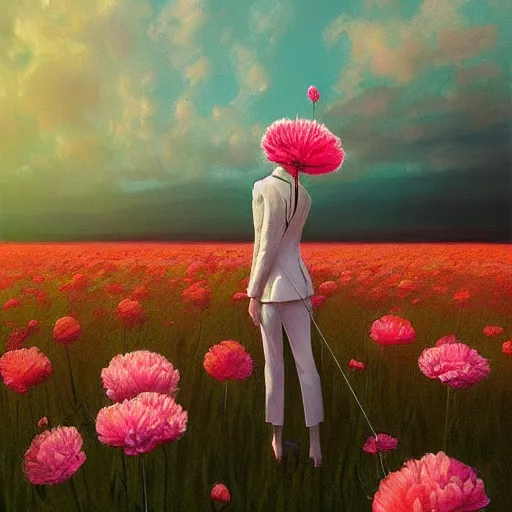 Prompt: giant carnation flower head, frontal, girl in a suit, surreal photography, sunrise, dramatic light, impressionist painting, digital painting, artstation, simon stalenhag