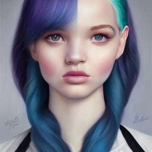 Prompt: tom bagshaw, very beautiful genetic mix of dove cameron madison beer bella poarch in a sailor suit, randomly lustrous colored hair, professionally retouched, focus eyes, ultra realistic soft painting, insanely detailed linework, symmetrical accurate intricate features, behance artstation, 8 k, no artifacts signatures