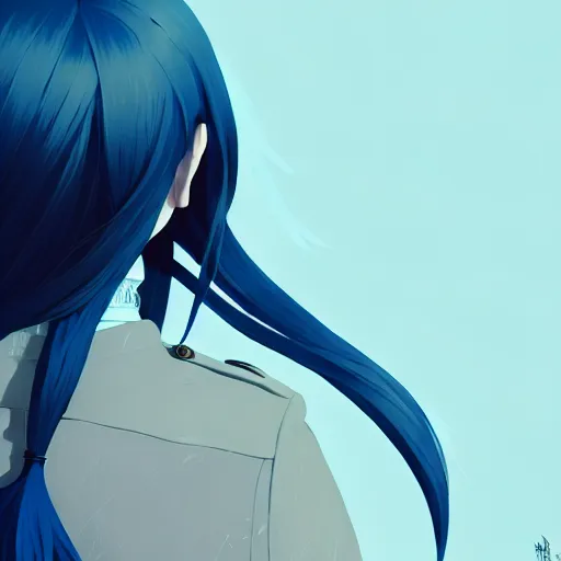 Image similar to low - angle shot from behind of a long light blue - haired girl in a tailcoat with a scabbard, combat boots, noir, screenshot, sharp focus, intricate, illustration, cell shaded, digital painting, highly detailed, straight hair, art by ilya kuvshinov, wlop, greg rutkowski, studio quality, james jean