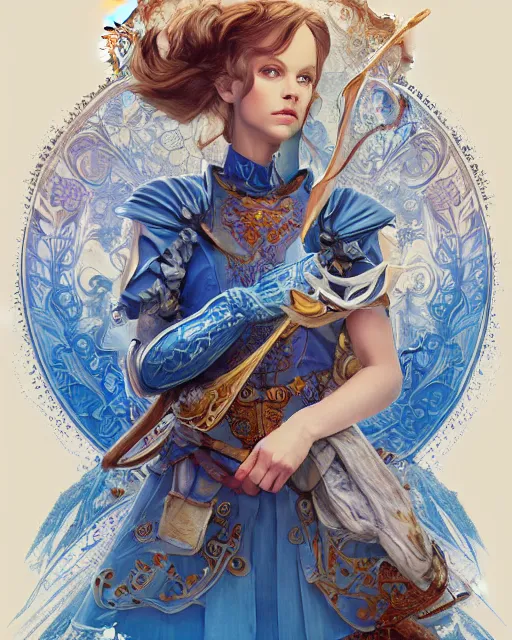 Image similar to movie poster of \'alice in wonderland\', wearing blue and white armor, fantasy, intricate, elegant, highly detailed, digital painting, artstation, concept art, smooth, sharp focus, illustration, art by Fernanda Suarez and Artem Demura and alphonse mucha
