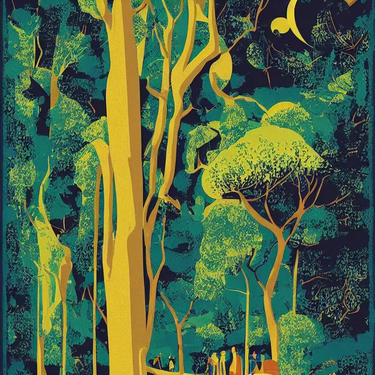 Image similar to art - deco travel poster for a beautiful forest by petros afahar